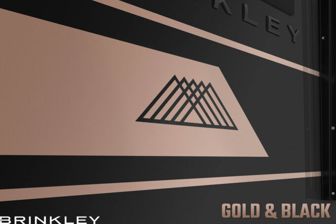 Model G Fifth Wheels Premium Exterior Gold Black Full Body Paint Mountains 2026 Brinkley RV 0154L
