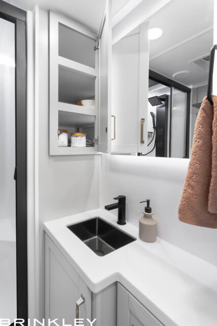 Luxury Fifth Wheel RV Bathroom with Smart Uses Of Storage Space