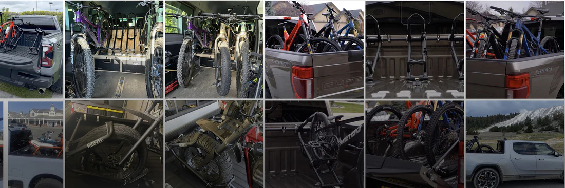 Collage showing bikes installed in trucks and vans with the QR3 bike rack. 