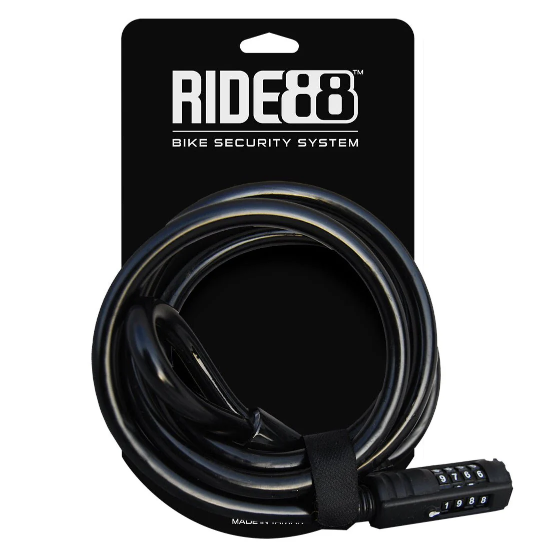 RIDE88 bike security bicycle cable lock with combination code, durable coiled design for securing bikes and gear, displayed on black RIDE88 packaging.