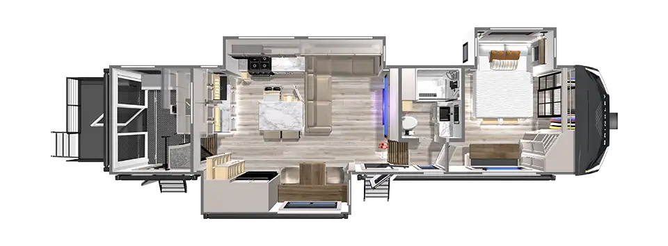 G3250 Toy Hauler Garage eBikes Outside Kitchen Patio Floorplan 