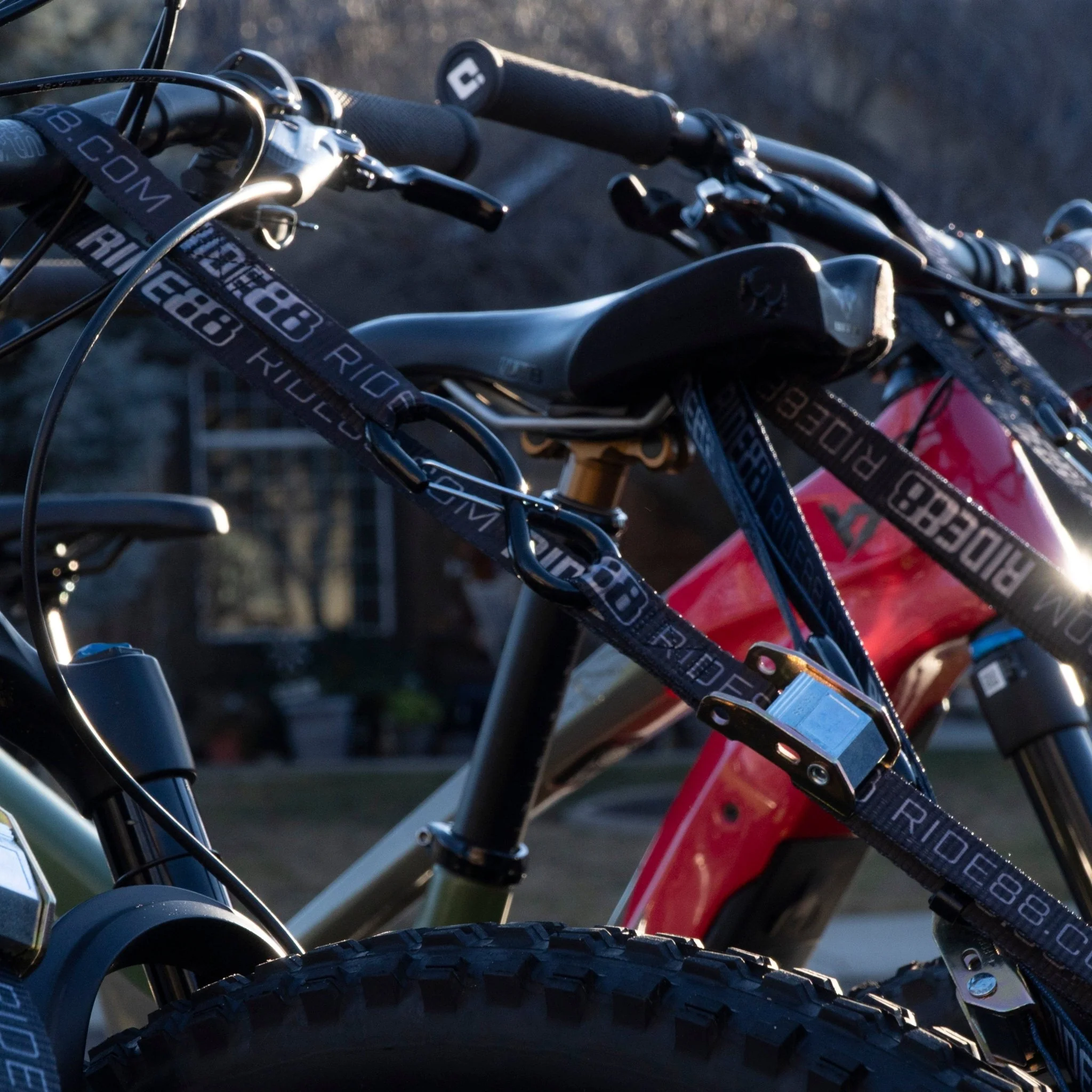 RIDE88 Tie-Down Straps securing bicycle handles and seat posts in truck bed.