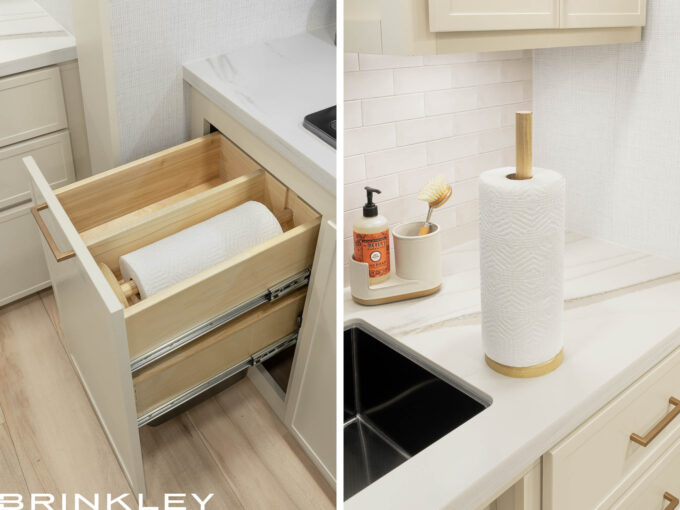 The Brinkley Model I 235 offers best in class storage space in it's class of smaller luxury travel trailers and features smart uses of space that include Brinley's Stow 'n Go Paper Towel Caddy and its additional storage spaces for items needed daily with RVing/Camping.