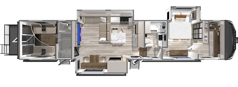 G 4150 Fifth Wheel Toy Hauler Floorplan with a Private Office & Desk by Brinkley RV